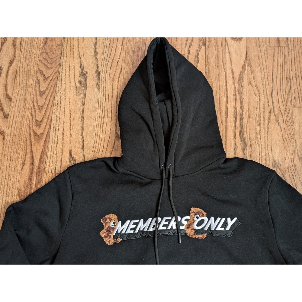 Members Only Hoodie Pullover Graphic Teddy Bear Hands Black Men's Large, NWT - Picture 2 of 15